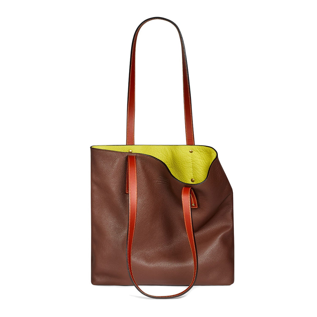 brown-and-yellow leather tote bag