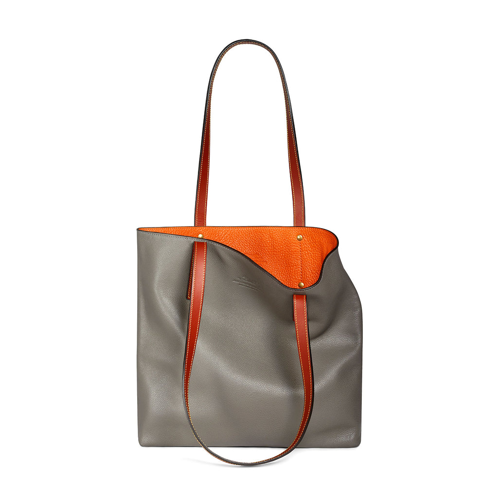 Grey and-orange leather tote bag