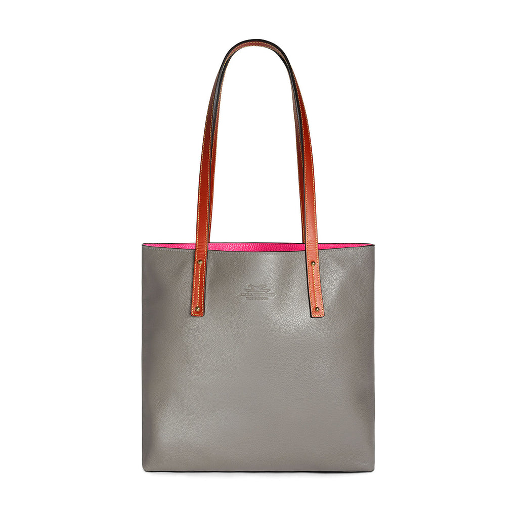 Grey and pink leather tote bag Front