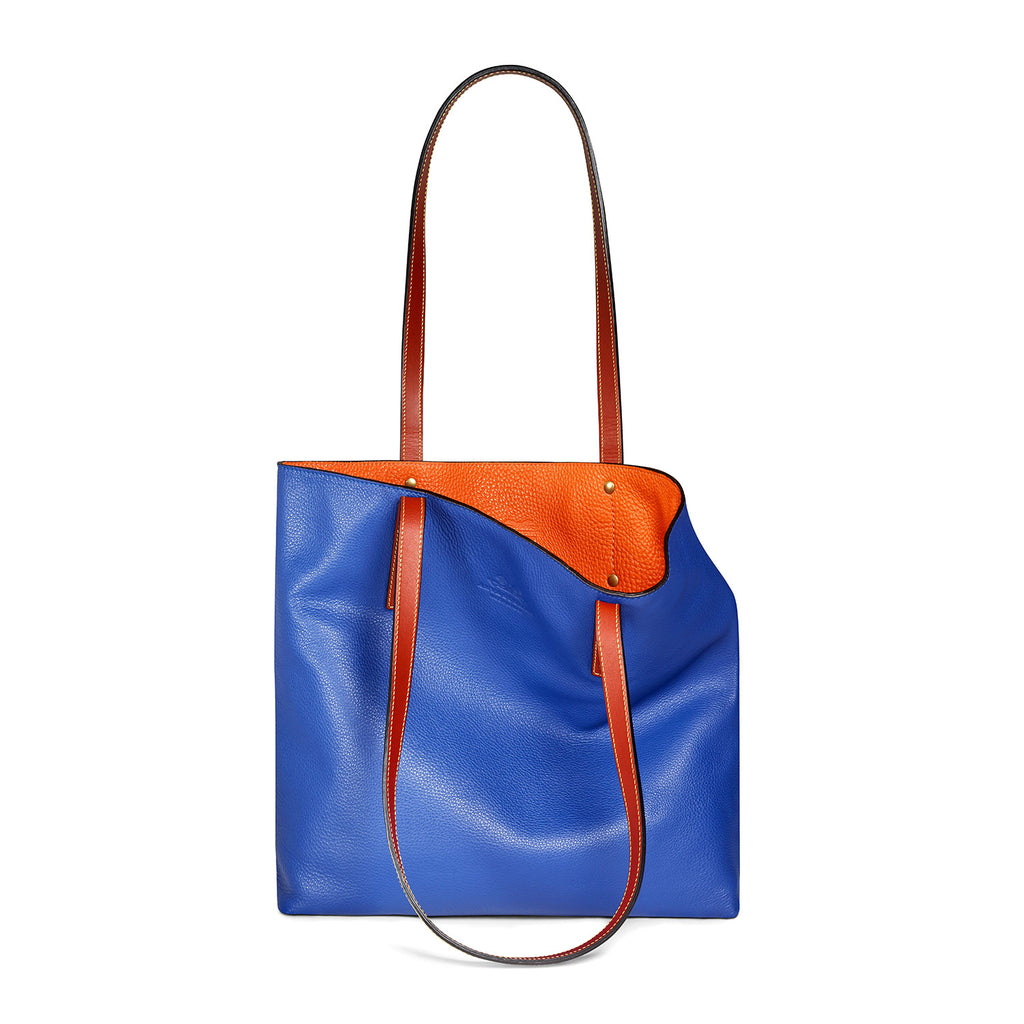 royal-blue-and-orange leather tote bag