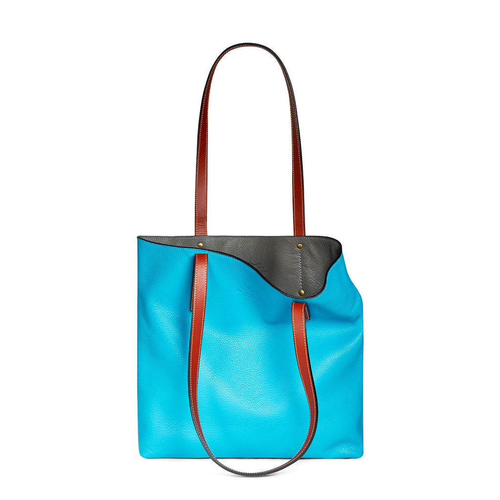 Turquoise and Grey leather tote bag