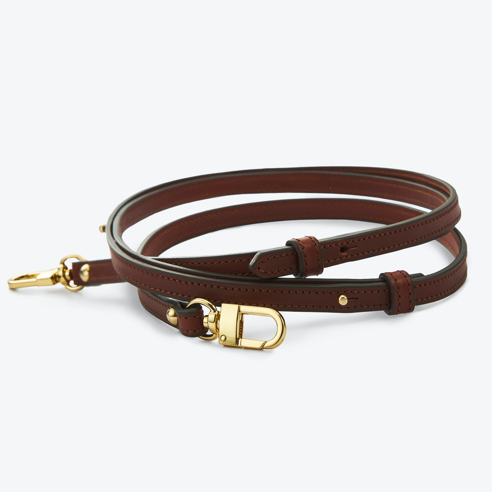Brown leather dog leash with gold hardware on a white background