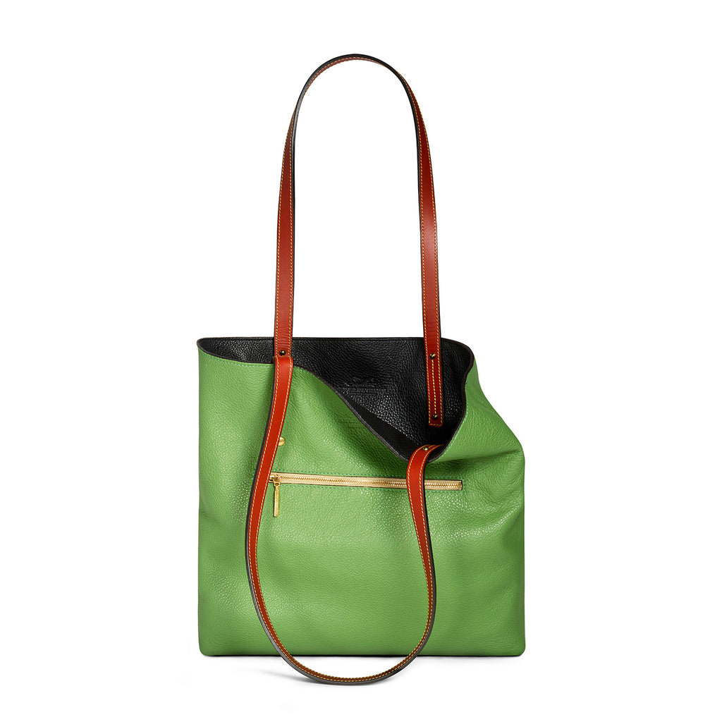 black and green leather tote bag Front