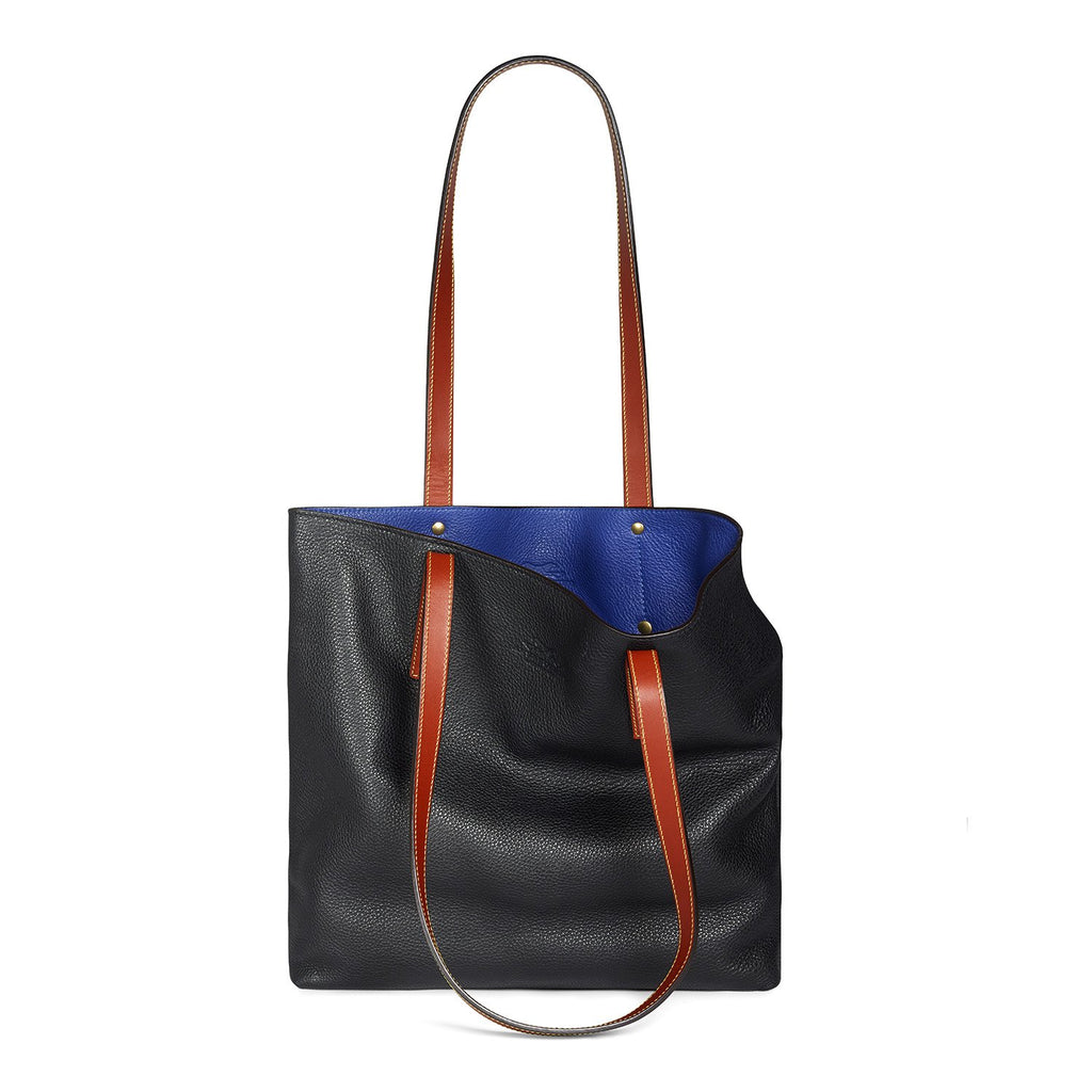 black-and-royal-blue leather tote bag