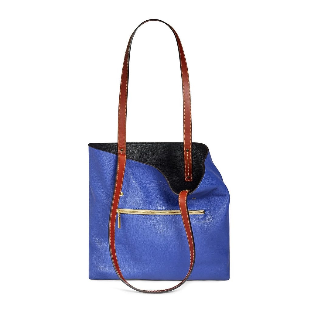 black-and-royal-blue leather tote bag Front