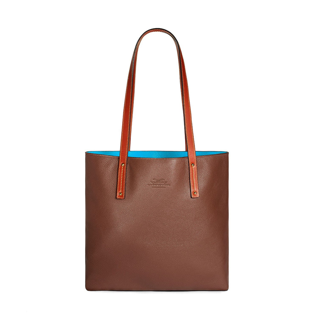 brown-and-turquoise  leather tote bag Front