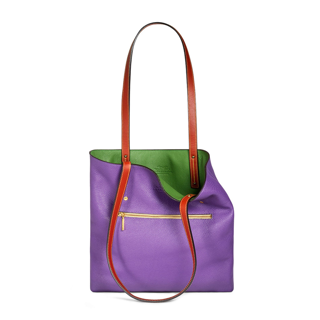 Green and Purple leather tote bag Front