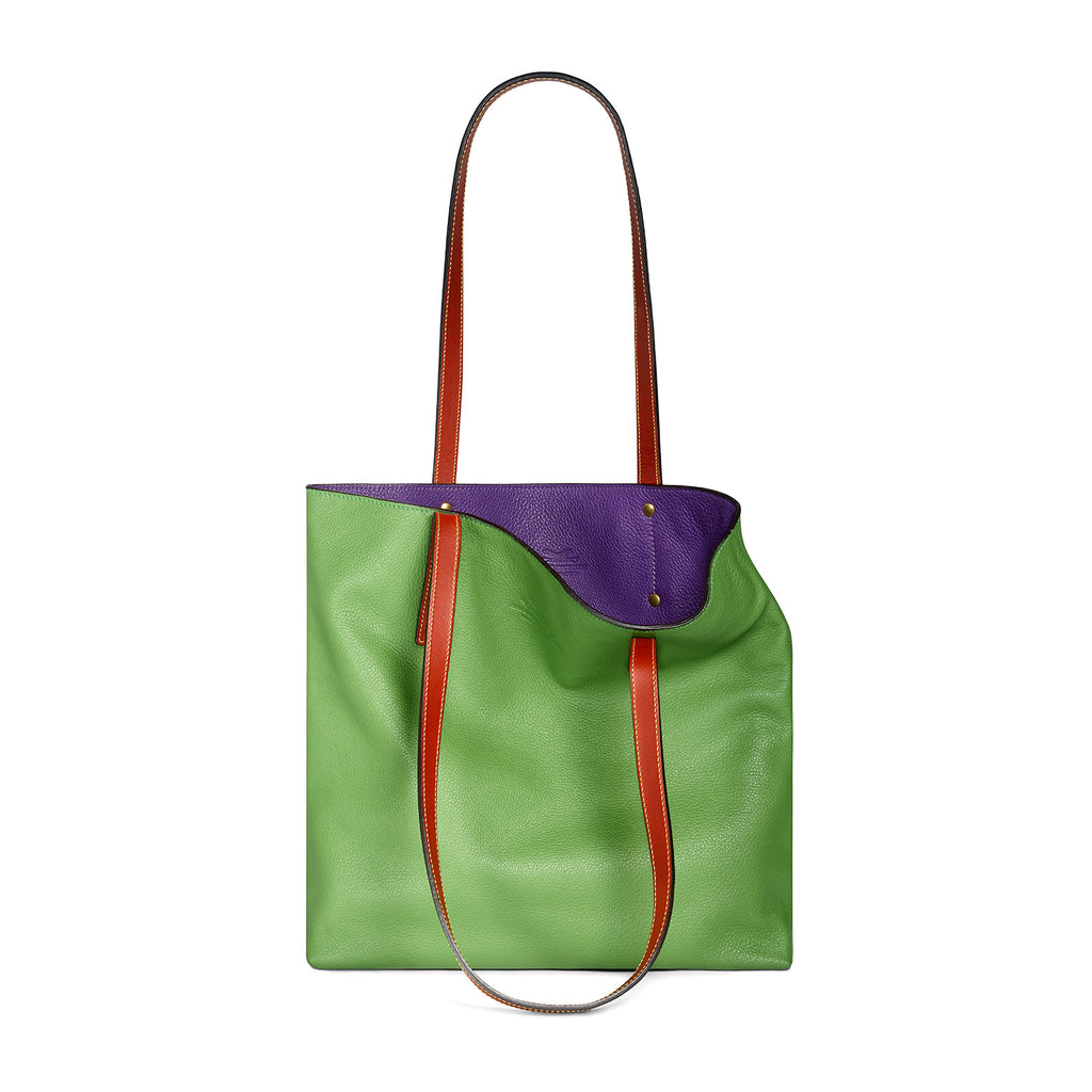 Green and Purple leather tote bag
