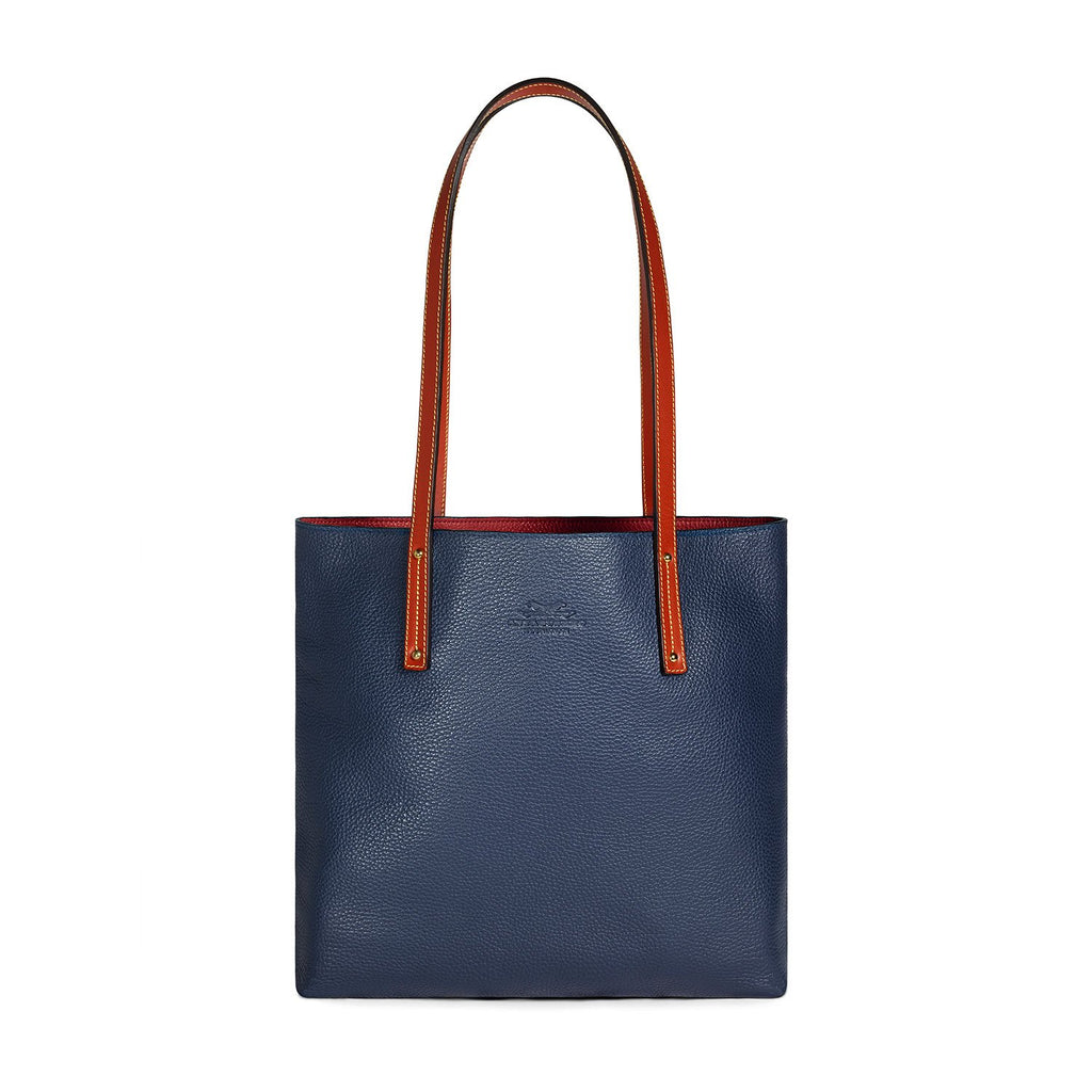 navy-and-burgundy leather tote bag Front