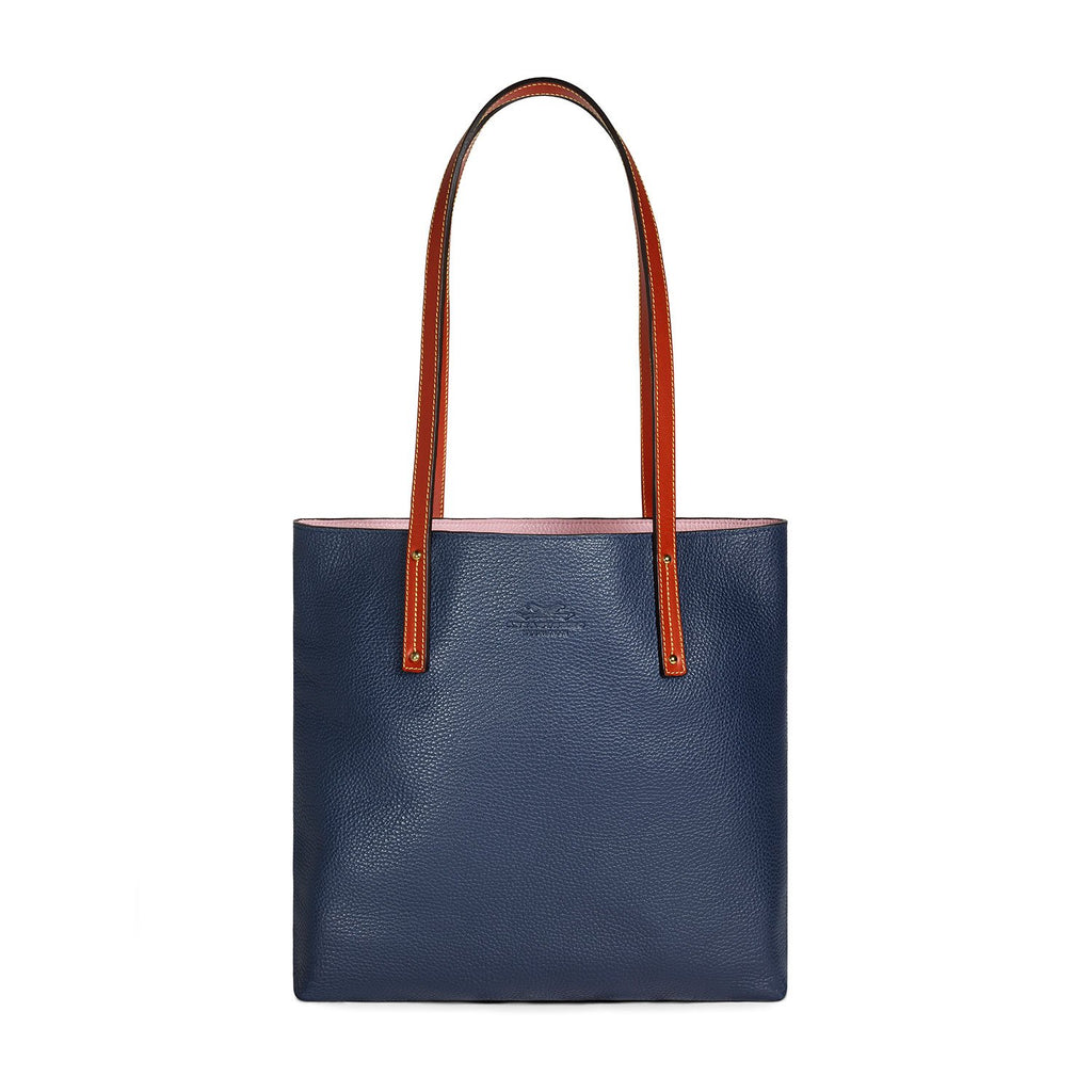 Navy and Powder Pink leather tote bag Front