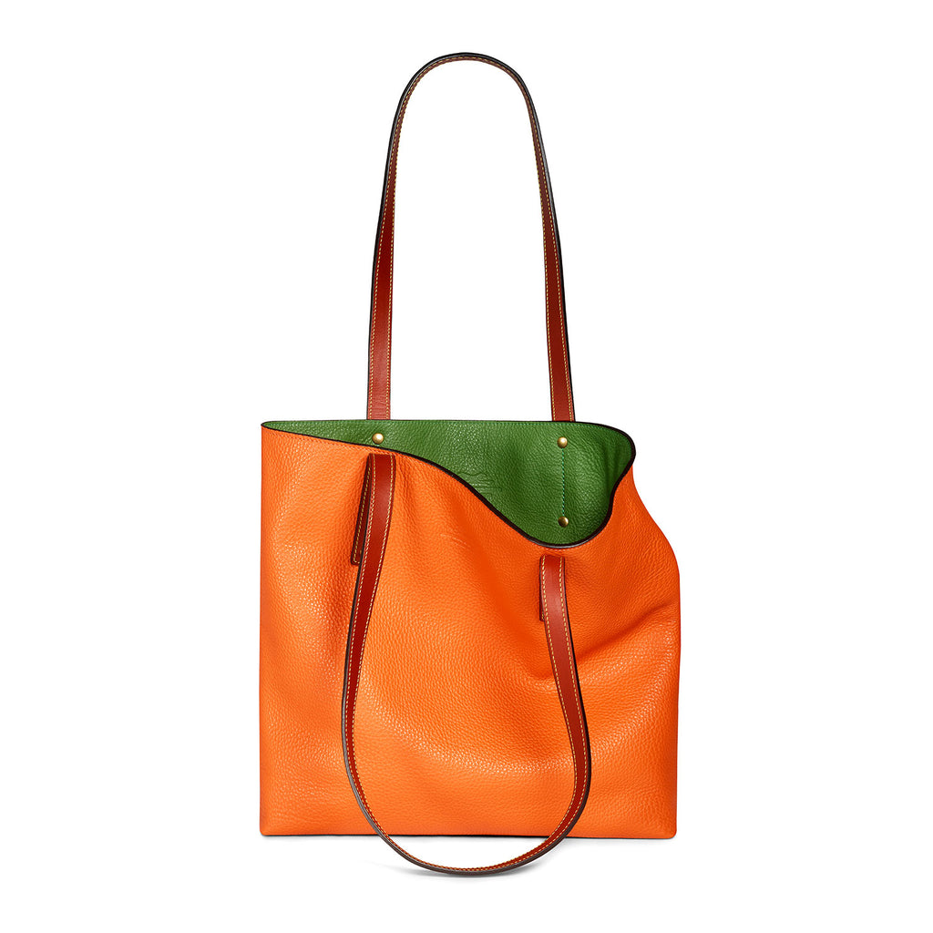 orange-and-green leather tote bag