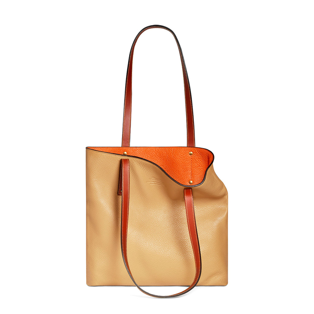 Tan and-orange leather tote bag