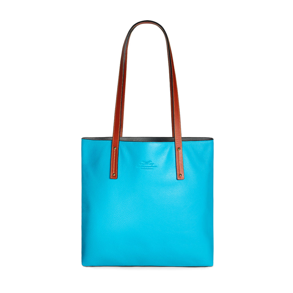 Turquoise and grey leather tote bag Front