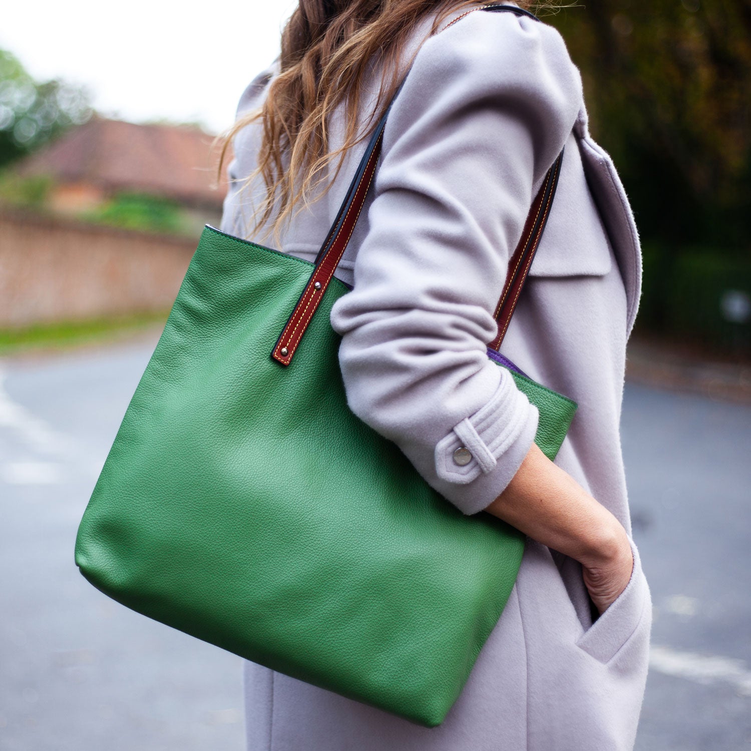 Reversible Leather Shoulder Bag, Tote Bag UK, Green Purple
