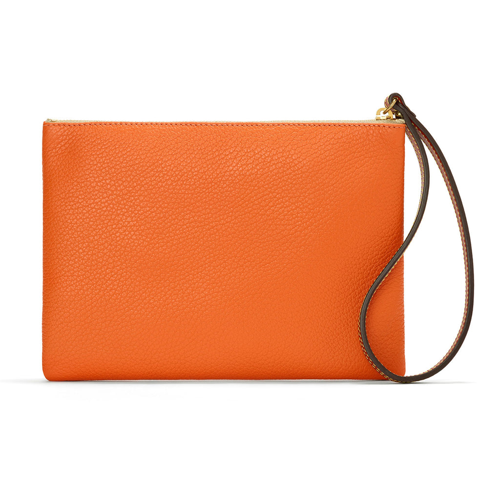 Back of orange wristlet purse