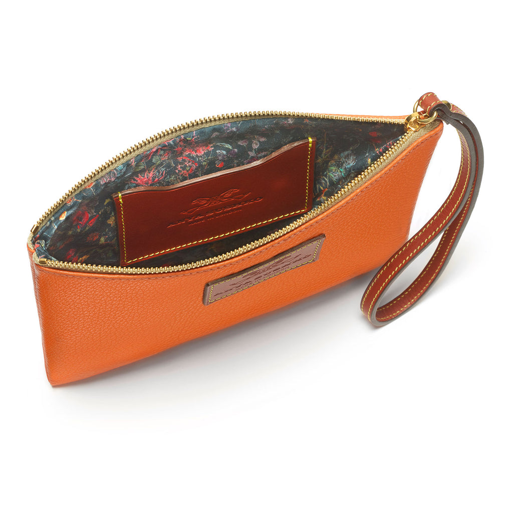 Open orange Leather wristlet