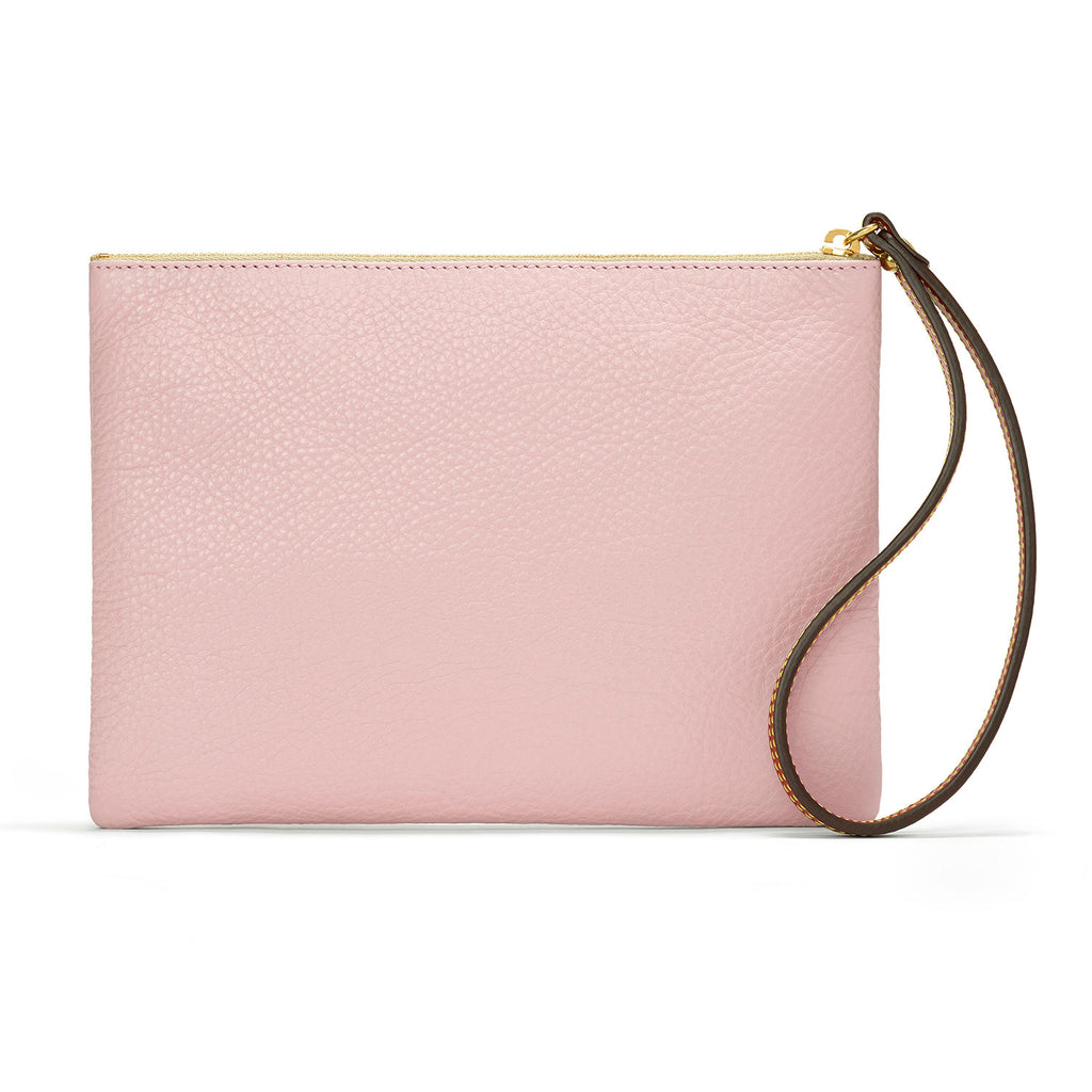 Back of powder pink wristlet purse