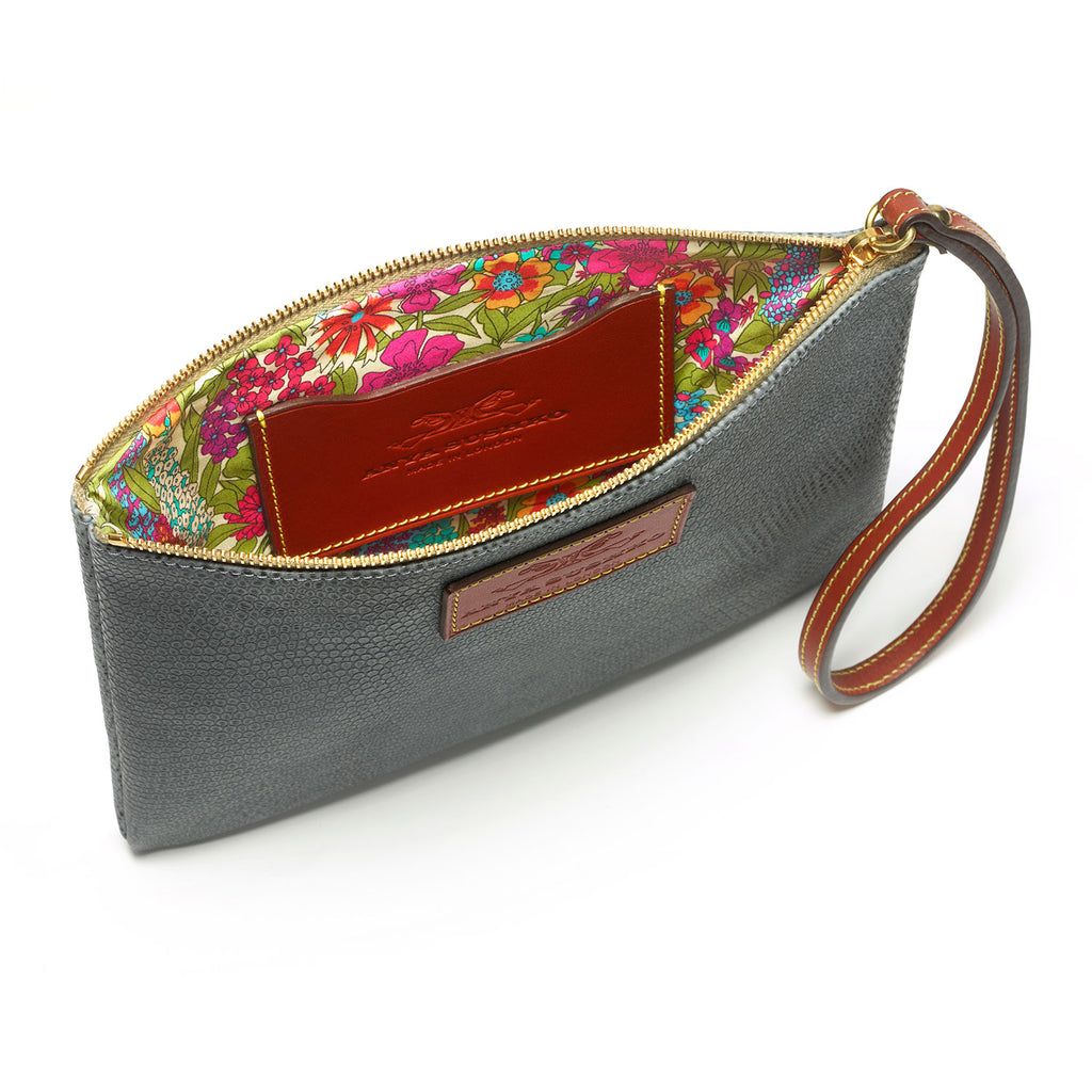 Open printed grey Leather wristlet